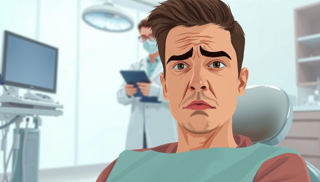 A well-lit, detailed illustration of a person sitting in a dentist's chair, appearing anxious and apprehensive. In the foreground, the subject's face shows a concerned expression, with furrowed brows and a tense jaw. The middle ground features a dentist standing nearby, holding a dental tool, conveying a sense of empathy and understanding. The background showcases a modern, clean dental office, with soothing colors and calming lighting to create a sense of comfort and safety. The overall scene aims to depict the common struggle of dental anxiety and the role of sedation dentistry in alleviating it.