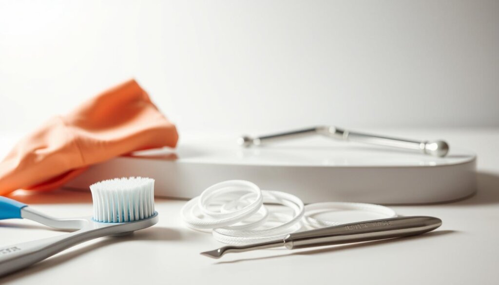 A well-lit, detailed still life of various tools for at-home tartar control. In the foreground, a toothbrush, dental floss, and a small metal scaling tool lie neatly arranged. In the middle ground, a dental mirror and a tartar-removing pick rest on a sleek, minimalist surface. The background features a clean, neutral-toned wall, highlighting the tools' purpose and functionality. The overall mood is one of clinical precision and dental professionalism, inviting the viewer to consider effective at-home solutions for tartar management.