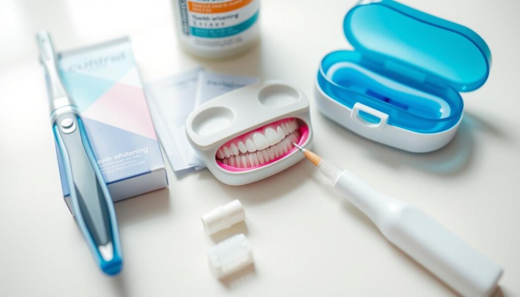 A well-lit, highly detailed close-up shot of various at-home teeth whitening tools and products, including a manual toothbrush, whitening strips, a dental bleaching tray, and a teeth whitening pen. The items are neatly arranged on a clean, white surface, with a soft, natural light illuminating the scene. The focus is on showcasing the diversity of accessible, affordable alternatives to professional polishing, conveying a sense of convenience and self-empowerment in maintaining oral hygiene.