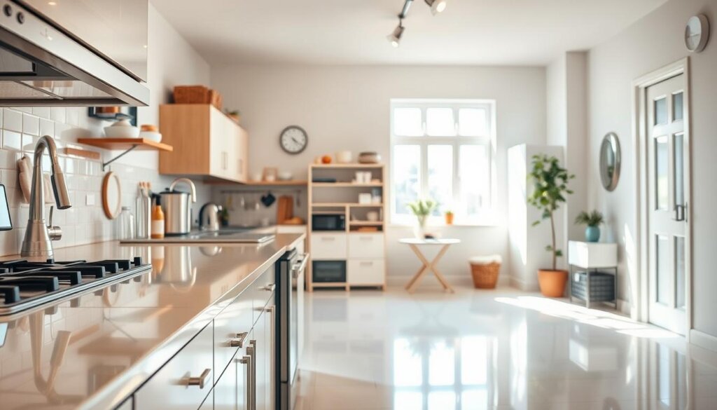 A well-lit interior, showcasing the advantages of deep cleaning. In the foreground, gleaming countertops and appliances, freshly polished to a shine. In the middle ground, a spotless floor, free of hidden dirt and grime. The background reveals a clutter-free, organized space, with bright natural light streaming through clean windows. The atmosphere conveys a sense of refreshment and renewed energy, highlighting the benefits of a thorough, methodical deep clean. A wide-angle lens captures the entire scene, emphasizing the transformative power of this cleaning approach.