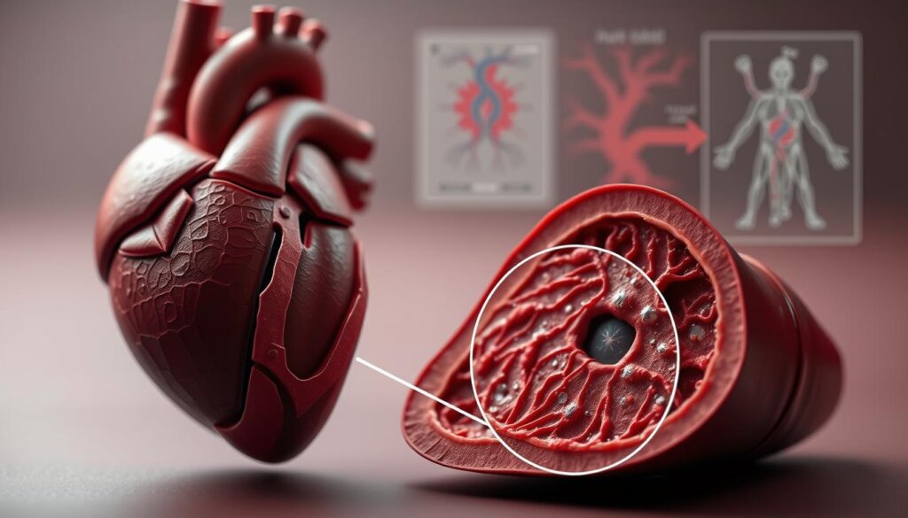 An intricate cross-section of the human heart, showcasing the delicate structure and function of the endocardium. In the foreground, a detailed illustration depicts the layers of the endocardial tissue, with emphasis on the valves and their susceptibility to bacterial infection. The middle ground features a magnified view of the endocardial lining, highlighting the cellular interactions and inflammatory processes that contribute to the development of endocarditis. In the background, a schematic representation of the circulatory system underscores the systemic impact of this condition. The overall scene is rendered in a muted color palette, conveying the seriousness of the topic, with soft lighting and a depth of field that draws the viewer's attention to the critical scientific details.