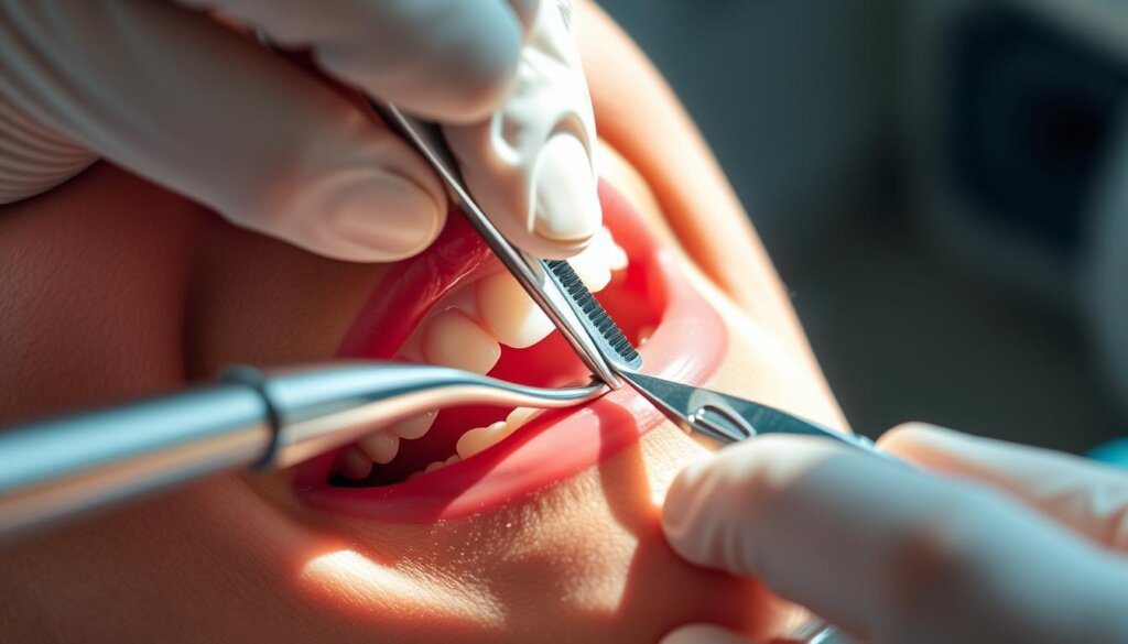 Detailed close-up of a dentist's hand using a polishing tool on a patient's teeth, with clear focus on the process. Bright, natural lighting illuminates the scene, creating crisp shadows and highlights that emphasize the textures of the teeth and dental instruments. The angle is slightly elevated, providing a clear view of the dentist's technique as they carefully buff and shine the patient's teeth to a smooth, polished finish. The background is blurred, keeping the attention on the intricate, delicate procedure unfolding in the foreground.
