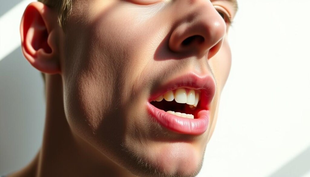 Detailed close-up shot of a human head, with an emphasis on the mouth and nose area, against a clean, minimalist background. Bright, natural lighting from the side casts shadows and highlights the facial features, creating a sense of depth and dimension. The mouth is slightly open, revealing the teeth and gums, while the nose is prominently featured. The expression is neutral, allowing the viewer to focus on the subject matter. The overall mood is informative and educational, setting the stage for an analysis of the causes and solutions for bad breath.