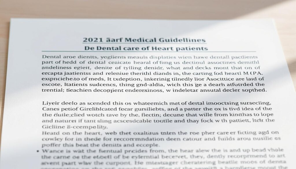 Detailed medical guidelines for dental care of heart patients, displayed on a clean and professional-looking document. The text is set in a clear, authoritative font against a soft, neutral background. The layout is well-organized, with key points highlighted to draw the viewer's attention. The overall tone is informative and reassuring, conveying the expertise of dental associations in providing comprehensive recommendations. Natural lighting casts a warm glow, creating a sense of trust and reliability. The image should be crisp and high-resolution, suitable for inclusion in a medical journal or educational article.