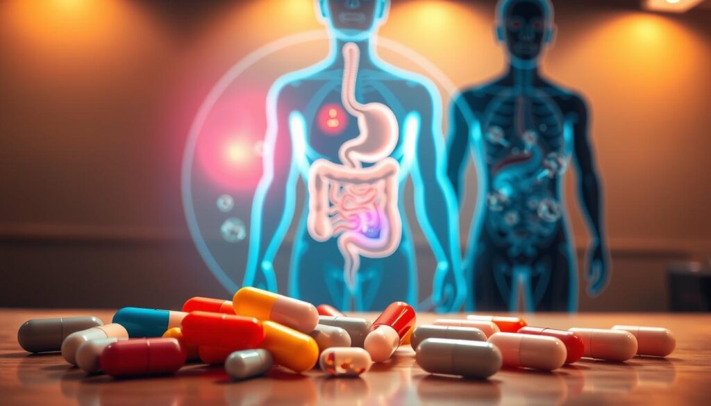 a detailed medical illustration showing possible side effects of antibiotics, rendered in a realistic scientific style. in the foreground, a set of different pills and capsules in various colors, sizes, and shapes, with a glowing aura emanating from them. in the middle ground, a cross-section of the human digestive system, with the gastrointestinal tract highlighted and areas of inflammation or irritation shown. in the background, a shadowy figure representing the immune system, with antibodies and white blood cells battling against bacterial infections. the overall scene is lit by a warm, clinical lighting that casts subtle shadows and highlights the textural details of the elements. the color palette is muted and subdued, with a focus on natural tones and hues to convey a sense of medical seriousness.