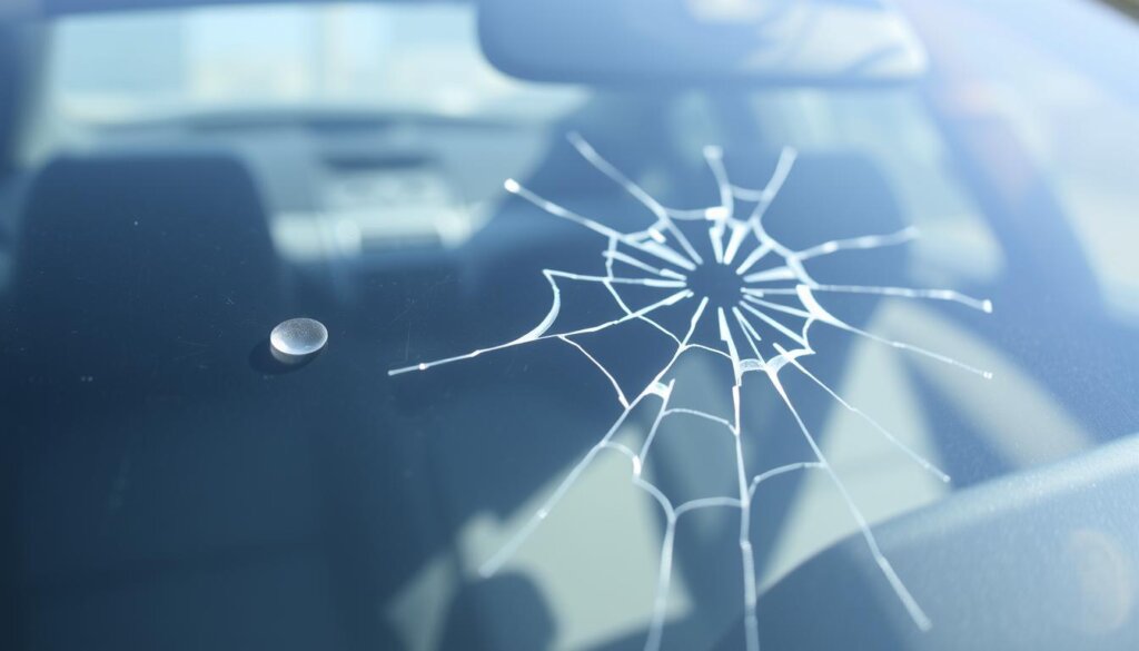 A close-up view of a car windshield, showcasing a small chip in the foreground and a larger crack in the middle ground. The chip appears minor, with a clean, circular shape, while the crack extends across the glass in an irregular, jagged pattern. The background is slightly blurred, depicting the interior of the vehicle. The lighting is natural, casting soft shadows that accentuate the depth and texture of the glass. The overall scene conveys a sense of contrast, highlighting the visual differences between a minor chip and a major break, with the goal of illustrating the cost disparity between the two types of windshield damage.