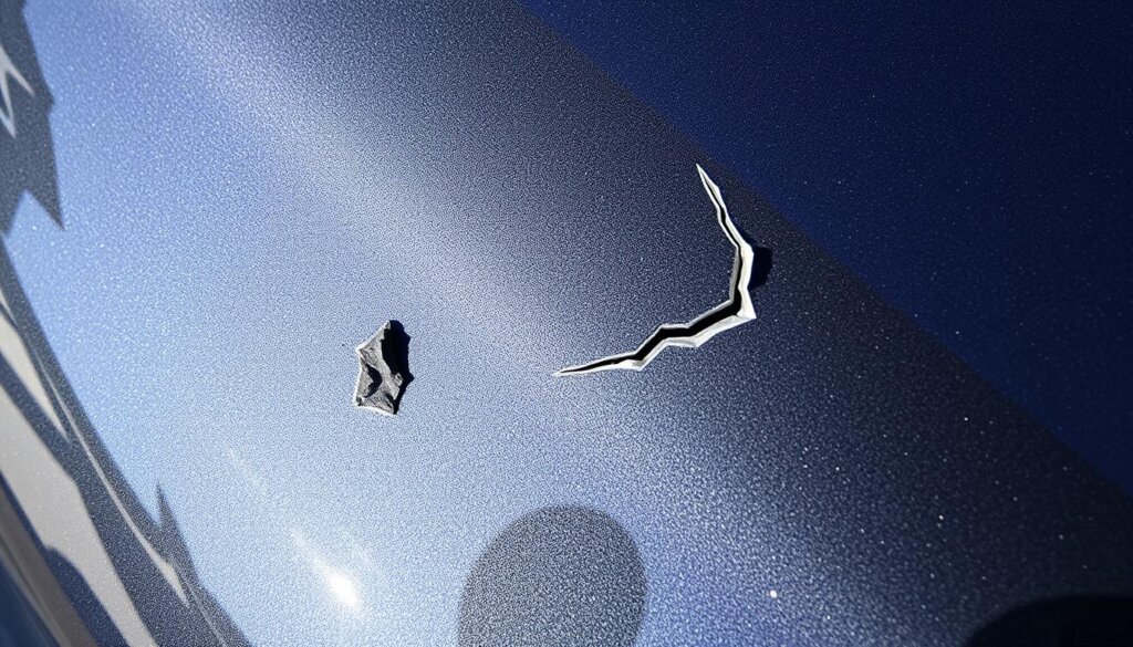 A close-up view of a car's paint surface, showcasing the distinct differences between a minor chip and a major break. The chip appears as a small, sharp-edged indent, while the break is a larger, jagged crack in the clear coat. The lighting is directional, casting subtle shadows that accentuate the textural details. The surface has a glossy, reflective finish, allowing the viewer to see the surrounding environment mirrored in the paint. The composition places the chip and break side by side, creating a compelling visual comparison for the viewer to understand the varying degrees of damage and the subsequent repair options.