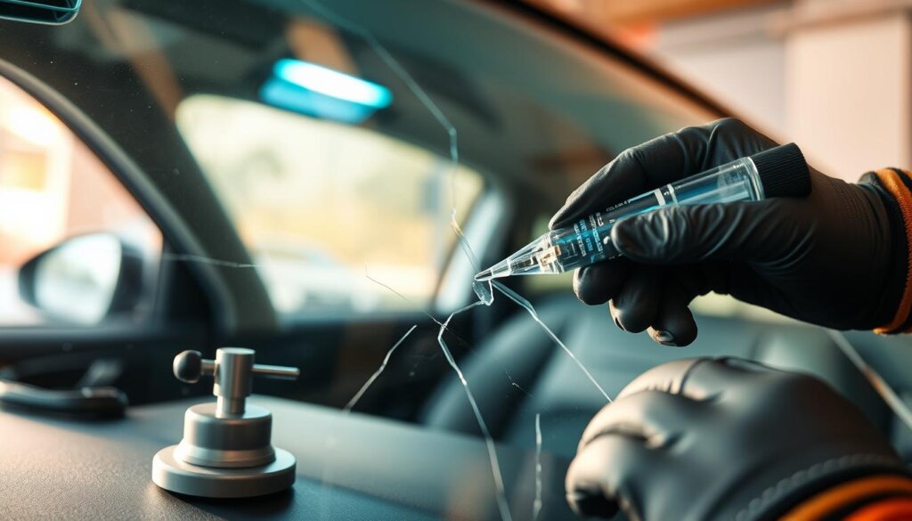 A close-up view of a damaged car windshield, showcasing a major crack repair in progress. In the foreground, a technician's gloved hands carefully apply a specialized resin to the crack, meticulously filling and sealing the damaged area. The middle ground features the intricate tools and equipment used in the repair process, including a UV lamp curing the resin. In the background, a softly blurred car interior provides context, emphasizing the care and precision required for this professional repair service. The scene is illuminated by a warm, natural lighting that highlights the textures and materials, conveying a sense of expertise and attention to detail.