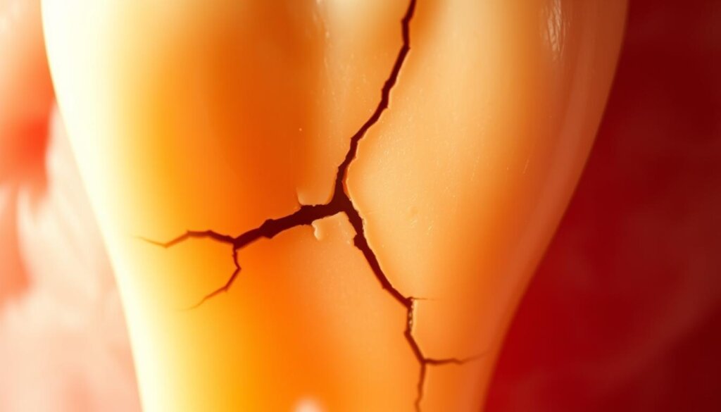 A close-up view of a human molar with a distinct crack running diagonally across the enamel surface. The crack appears jagged and uneven, with slight discoloration around the affected area. The tooth is illuminated by a warm, natural light, casting subtle shadows that emphasize the texture and depth of the cracked surface. The background is slightly blurred, keeping the focus on the intricate details of the damaged tooth. The overall mood is one of concern and the need for further examination, reflecting the subject of "Understanding Cracked Teeth" in the medical article.