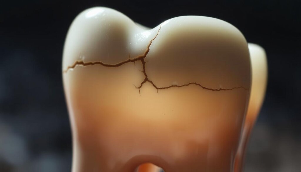 A close-up view of a human tooth with a visible crack running across the surface. The crack is jagged and uneven, creating a sense of damage and discomfort. The tooth is rendered in high detail, with the enamel texture and dentin structure clearly visible. The lighting is harsh and directional, casting sharp shadows that accentuate the crack and create a sense of pain and tension. The background is blurred and out of focus, keeping the attention solely on the damaged tooth. The overall mood is one of discomfort and unease, conveying the experience of cracked tooth pain. A close-up view of a human tooth with a visible crack running across the surface. The crack is jagged and uneven, creating a sense of damage and discomfort. The tooth is rendered in high detail, with the enamel texture and dentin structure clearly visible. The lighting is harsh and directional, casting sharp shadows that accentuate the crack and create a sense of pain and tension. The background is blurred and out of focus, keeping the attention solely on the damaged tooth. The overall mood is one of discomfort and unease, conveying the experience of cracked tooth pain.