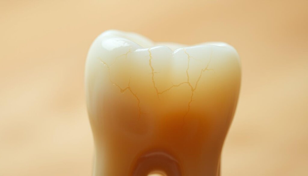 A close-up view of a human tooth with visible cracks running across the surface, set against a soft, out-of-focus background. The lighting is gentle, with warm, natural tones that highlight the intricate details of the tooth's structure. The image conveys a sense of unease and discomfort, hinting at the potential pain associated with a cracked tooth. The tooth is positioned in the center of the frame, filling a significant portion of the image, to draw the viewer's attention to the problem at hand. A close-up view of a human tooth with visible cracks running across the surface, set against a soft, out-of-focus background. The lighting is gentle, with warm, natural tones that highlight the intricate details of the tooth's structure. The image conveys a sense of unease and discomfort, hinting at the potential pain associated with a cracked tooth. The tooth is positioned in the center of the frame, filling a significant portion of the image, to draw the viewer's attention to the problem at hand.