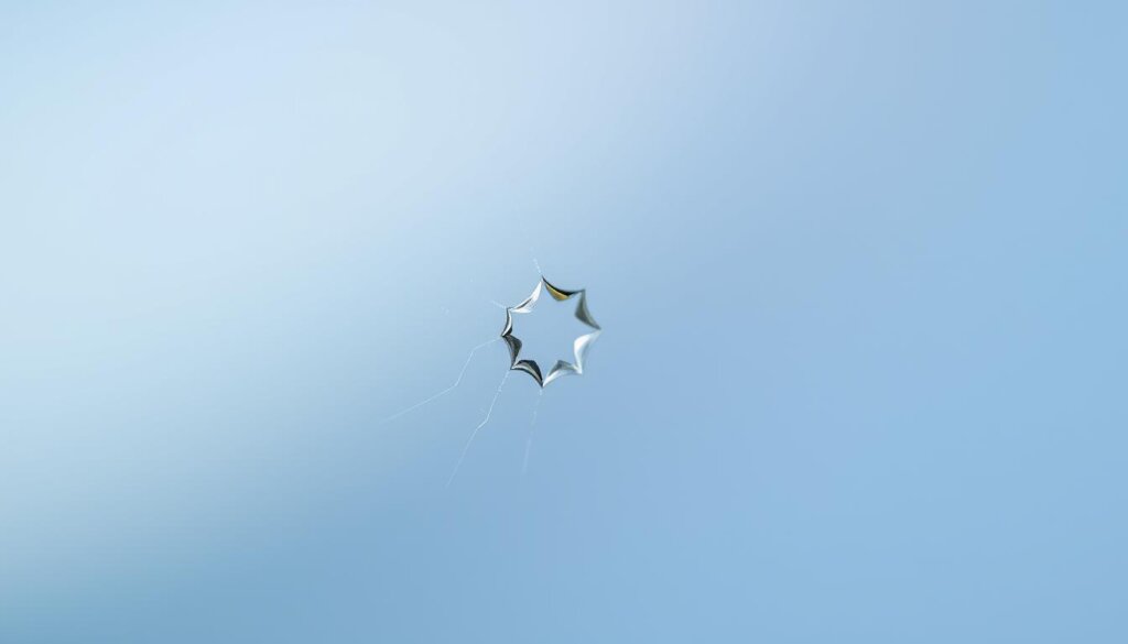 A close-up view of a minor chip on the surface of a glass or screen, captured with a macro lens. The chip appears as a small, jagged crack or dent, surrounded by a slightly discolored area. The lighting is soft and diffused, highlighting the texture and depth of the damage. The background is blurred, allowing the viewer to focus solely on the intricate details of the chip. The overall mood is one of close examination and technical understanding, conveying the importance of recognizing the differences between minor chips and major breaks in a screen or glass surface.