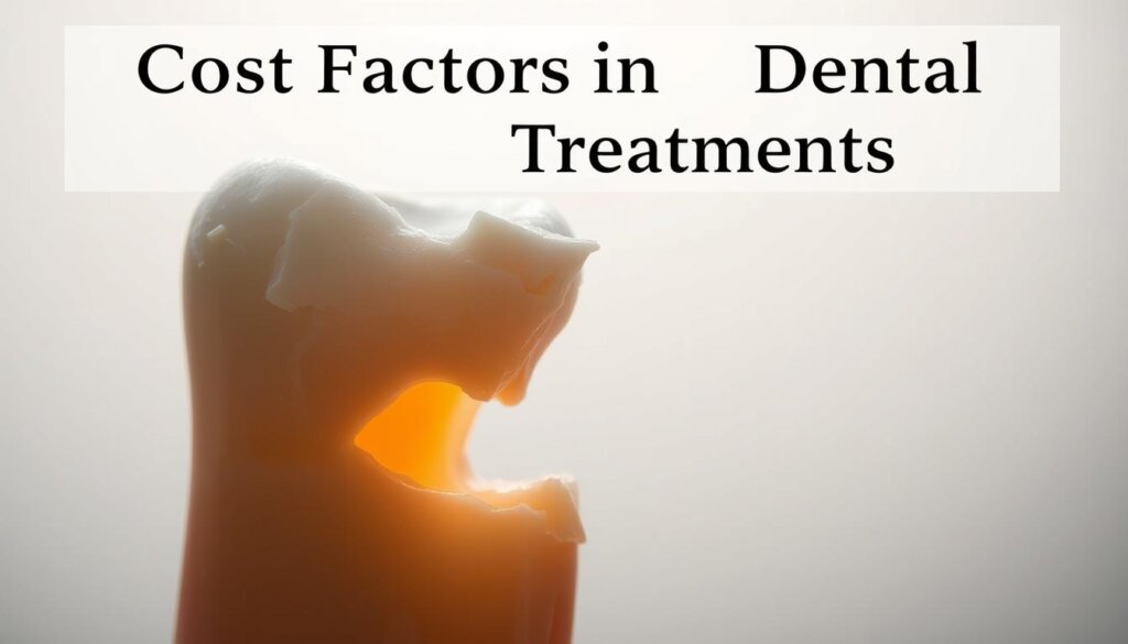 A close-up view of a partially broken tooth, illuminated by soft, diffused lighting that highlights the intricate textures and discoloration. The foreground showcases the damaged enamel, exposing the inner dentin layers, while the background blurs into a serene, neutral tone to emphasize the focal point. The composition creates a sense of scale, allowing the viewer to imagine the size and impact of the dental issue. The image conveys a sense of concern and the need for professional treatment, setting the stage for the "Cost Factors in Dental Treatments" section of the article.