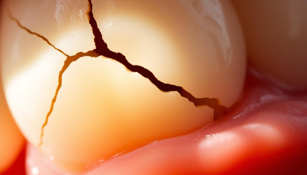A close-up view of a partially cracked molar tooth, with a prominent fissure running across the enamel surface. The tooth is illuminated by soft, natural lighting, casting subtle shadows that accentuate the textural details. The crack appears to be deep, with the dentin layer visible, signaling potential sensitivity and pain. The surrounding gum tissue is slightly inflamed, indicating the onset of a potential infection. The image conveys a sense of unease and discomfort, highlighting the need for prompt dental attention to address the issue. A close-up view of a partially cracked molar tooth, with a prominent fissure running across the enamel surface. The tooth is illuminated by soft, natural lighting, casting subtle shadows that accentuate the textural details. The crack appears to be deep, with the dentin layer visible, signaling potential sensitivity and pain. The surrounding gum tissue is slightly inflamed, indicating the onset of a potential infection. The image conveys a sense of unease and discomfort, highlighting the need for prompt dental attention to address the issue.
