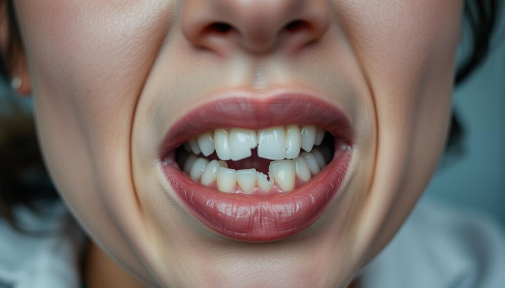 A close-up view of a person's face, with a focus on the front tooth area. The tooth is visibly fractured, with a clean break exposing the inner tooth structure. The person's expression conveys a range of emotions, from distress and concern to determination and resilience. The lighting is soft and diffused, creating a sense of vulnerability and intimacy. The background is blurred, placing emphasis on the damaged tooth and the person's emotional state. The image aims to capture the personal and psychological impact of a broken tooth, conveying the disruption to one's self-confidence and daily life. A close-up view of a person's face, with a focus on the front tooth area. The tooth is visibly fractured, with a clean break exposing the inner tooth structure. The person's expression conveys a range of emotions, from distress and concern to determination and resilience. The lighting is soft and diffused, creating a sense of vulnerability and intimacy. The background is blurred, placing emphasis on the damaged tooth and the person's emotional state. The image aims to capture the personal and psychological impact of a broken tooth, conveying the disruption to one's self-confidence and daily life.