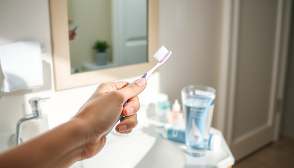 A close-up view of a person's hand holding a toothbrush, with a glass of water and a tube of toothpaste in the foreground. The background is a clean, well-lit bathroom vanity, with a mirror and other basic dental care items visible. The lighting is soft and natural, creating a calming, clinical atmosphere. The focus is on the act of brushing teeth, emphasizing the importance of proper dental hygiene as an immediate action to take when faced with a broken tooth.