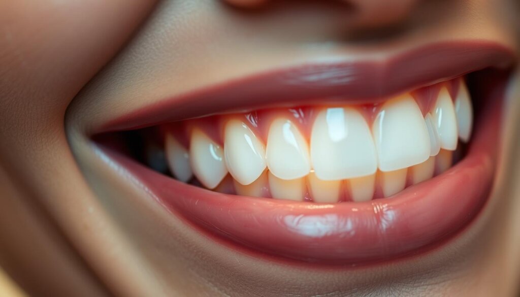 A close-up view of a set of dental veneers positioned on a person's upper teeth, capturing the natural contours and translucent sheen of the porcelain material. The veneers are evenly spaced, with a consistent shape and size, creating a visually harmonious and aesthetically pleasing arrangement. The lighting is soft and diffused, casting a warm, inviting glow on the teeth, highlighting the subtle details and textures. The background is blurred, placing the focus entirely on the veneers and their integration with the person's natural smile. The overall scene conveys a sense of confidence, professionalism, and attention to dental care. A close-up view of a set of dental veneers positioned on a person's upper teeth, capturing the natural contours and translucent sheen of the porcelain material. The veneers are evenly spaced, with a consistent shape and size, creating a visually harmonious and aesthetically pleasing arrangement. The lighting is soft and diffused, casting a warm, inviting glow on the teeth, highlighting the subtle details and textures. The background is blurred, placing the focus entirely on the veneers and their integration with the person's natural smile. The overall scene conveys a sense of confidence, professionalism, and attention to dental care.