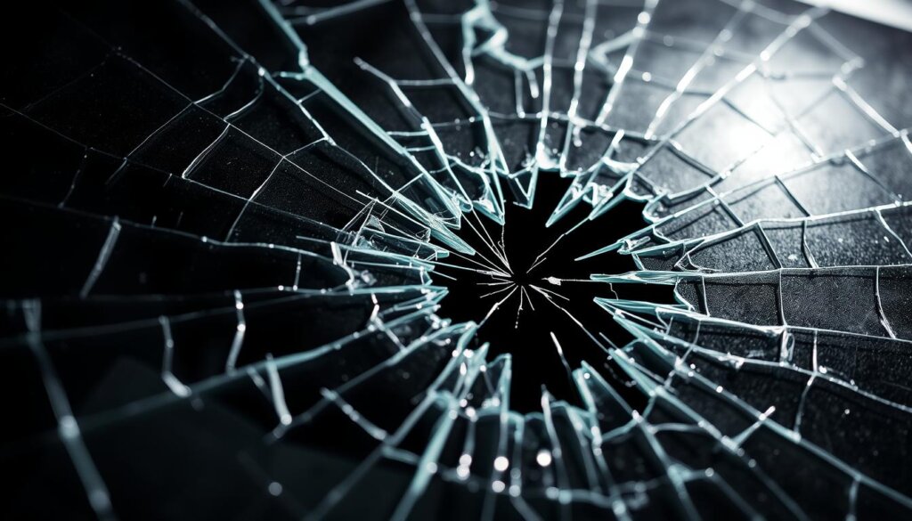 A close-up view of a severely cracked and shattered car windshield, with jagged shards of glass jutting out in multiple directions. The damage is severe, with a web-like pattern of cracks radiating from a central impact point. The lighting is harsh and dramatic, casting deep shadows that highlight the depth and complexity of the break. The background is blurred, keeping the focus on the damaged glass surface in the foreground. The scene conveys a sense of danger and the need for immediate, professional repair to ensure safety.