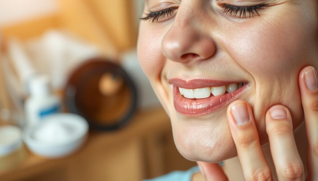 A closeup shot of a person's face, their expression conveying relief from a toothache. The lighting is soft and warm, creating a soothing atmosphere. The person's hand is gently touching their cheek, suggesting the pain is subsiding. In the background, a blurred image of various dental tools and remedies, hinting at the options available for treating a broken tooth. The overall scene evokes a sense of comfort and the promise of finding a solution to the problem.