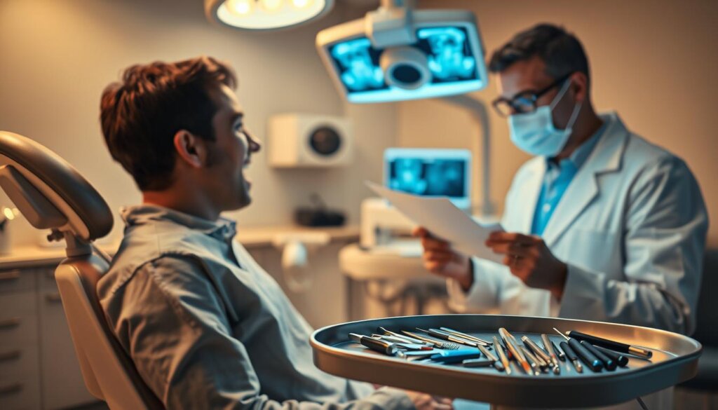 A dental office interior, dimly lit with warm, focused lighting. In the foreground, a patient sits in a reclined chair, their mouth open as a dentist examines their teeth. The dentist, wearing a white lab coat and surgical mask, examines a set of X-rays on a nearby light box, deep in thought. In the middle ground, various dental tools and materials are neatly arranged on a tray, conveying the complex decision-making process. The background is blurred, hinting at the clinic's modern, clinical atmosphere. The scene evokes a sense of careful consideration and the importance of making the right choice for dental restoration. A dental office interior, dimly lit with warm, focused lighting. In the foreground, a patient sits in a reclined chair, their mouth open as a dentist examines their teeth. The dentist, wearing a white lab coat and surgical mask, examines a set of X-rays on a nearby light box, deep in thought. In the middle ground, various dental tools and materials are neatly arranged on a tray, conveying the complex decision-making process. The background is blurred, hinting at the clinic's modern, clinical atmosphere. The scene evokes a sense of careful consideration and the importance of making the right choice for dental restoration.