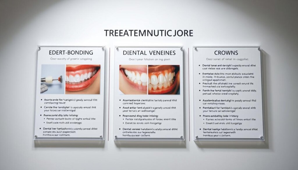 A detailed close-up of a dental treatment options display, showcasing three distinct cosmetic procedures: dental bonding, dental veneers, and dental crowns. The display features high-quality images and informative labels, set against a clean, minimalist background with soft, diffused lighting. The composition emphasizes the unique characteristics and time factors of each treatment, inviting the viewer to carefully consider the pros and cons of each option. The overall mood is one of clinical precision and professionalism, guiding the viewer through the decision-making process for improving the appearance and function of their teeth. A detailed close-up of a dental treatment options display, showcasing three distinct cosmetic procedures: dental bonding, dental veneers, and dental crowns. The display features high-quality images and informative labels, set against a clean, minimalist background with soft, diffused lighting. The composition emphasizes the unique characteristics and time factors of each treatment, inviting the viewer to carefully consider the pros and cons of each option. The overall mood is one of clinical precision and professionalism, guiding the viewer through the decision-making process for improving the appearance and function of their teeth.