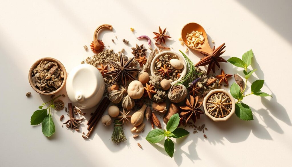 A detailed, well-lit close-up photograph of various natural dental health home remedies, including a selection of herbs, spices, and other plant-based ingredients commonly used for oral care. The items are arranged neatly on a clean, neutral-colored surface, casting soft, warm shadows. The overall composition conveys a sense of calm, thoughtful consideration for holistic dental wellness, emphasizing the importance of responsible self-care between professional visits.