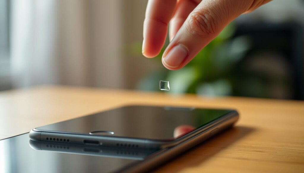 A partially repaired smartphone screen displays a minor chip, highlighting the durability of the fix. The foreground features the device's screen, capturing the subtle texture and sheen of the glass. In the middle ground, a delicate hand hovers, gently tracing the outline of the chip, conveying a sense of care and attention to detail. The background is softly blurred, placing the focus on the repair process. Warm, natural lighting casts a comforting glow, creating an atmosphere of professionalism and craftsmanship. The overall composition reflects the resilience and precision of a minor chip repair, as opposed to the more disruptive impact of a major screen break.