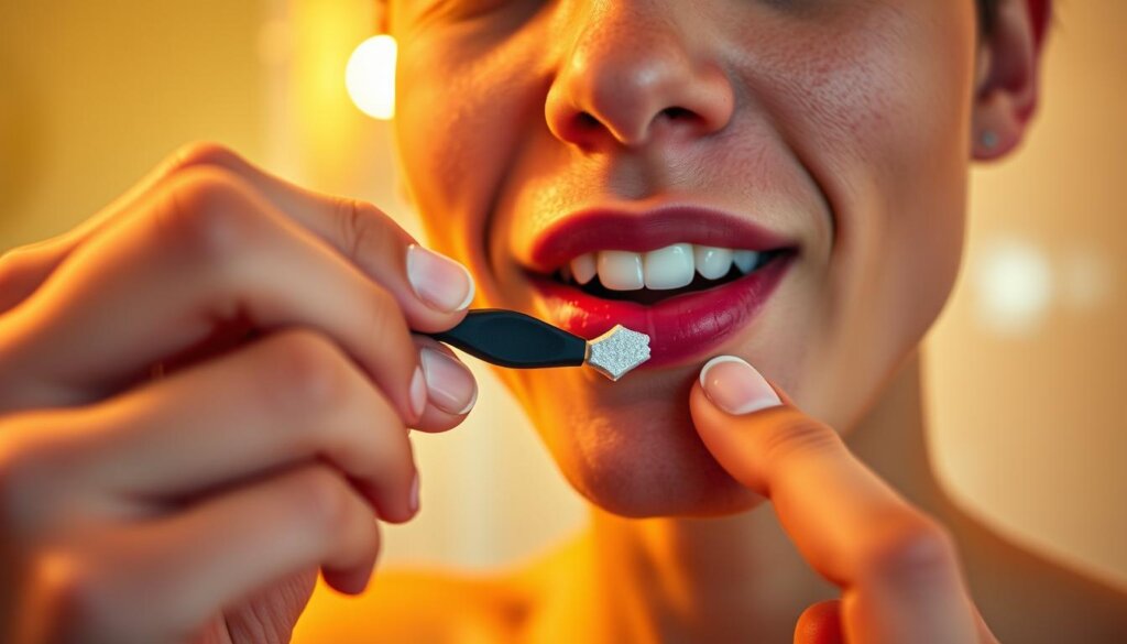 A person carefully filing a damaged tooth edge with a handheld emery board in a well-lit, clean bathroom setting. The procedure is performed with precision and caution, with the person's face in close focus, concentrating on the task. The background is blurred, emphasizing the importance of the delicate dental work. Warm lighting casts a soothing glow, conveying a sense of care and attention to detail. The image aims to demonstrate the safe, controlled approach needed to address a broken tooth at home, without causing further harm to the tooth or gums.