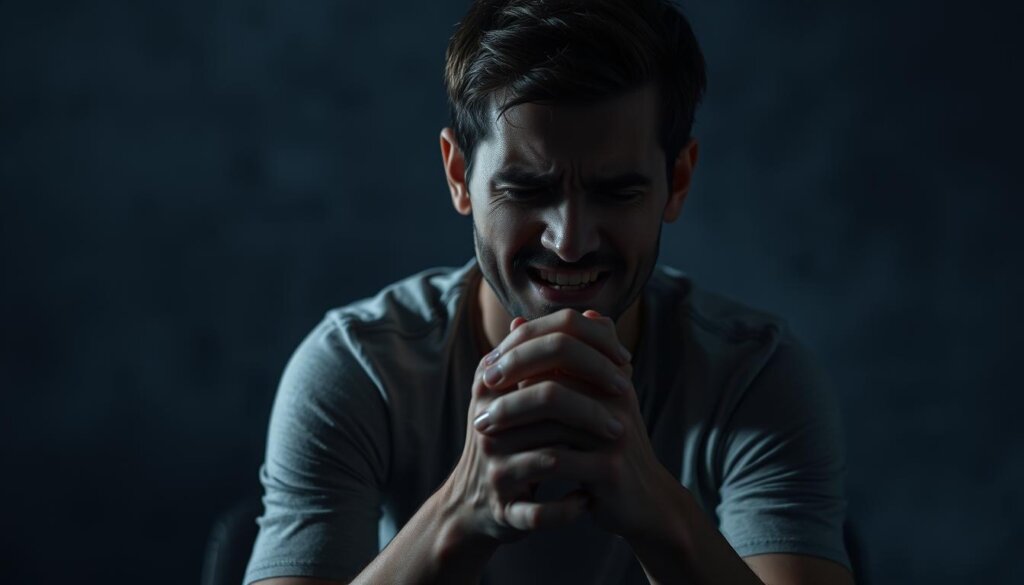 A person sitting alone in a dimly lit room, their face etched with a pained expression. The background is hazy and out of focus, emphasizing the individual's internal struggle. The lighting casts dramatic shadows, conveying a sense of psychological distress. The subject's hands are clasped tightly, suggesting a physical manifestation of their mental anguish. The overall atmosphere is somber and introspective, reflecting the profound impact of dental issues on one's emotional well-being.