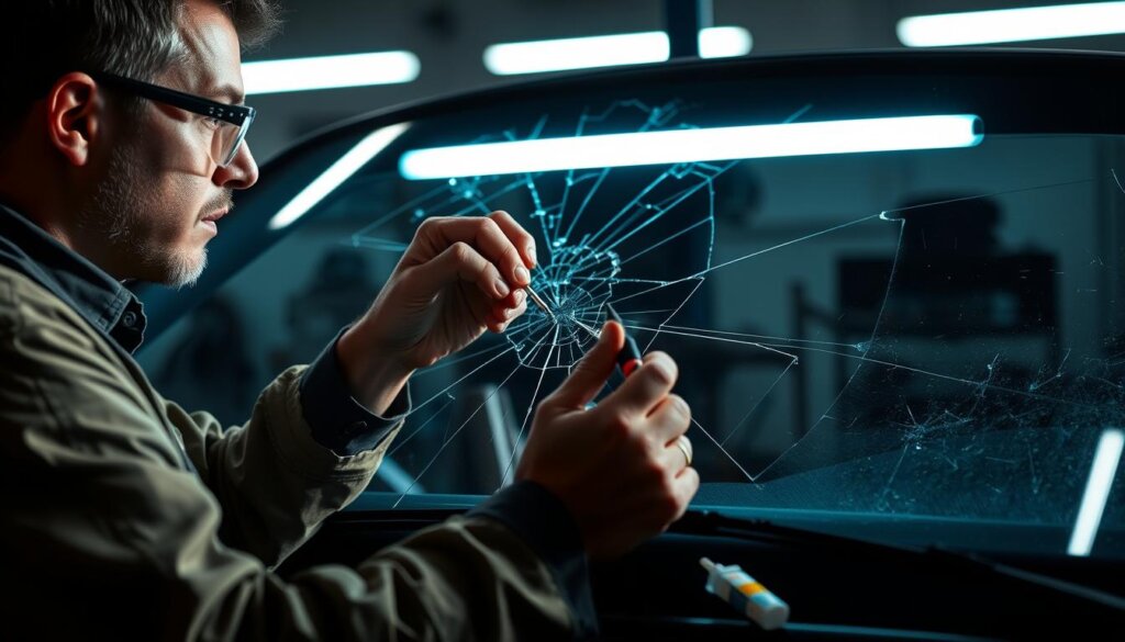 A skilled technician carefully inspects a severely cracked windshield, meticulously analyzing the damage. In a well-lit workshop, specialized tools and adhesives are laid out, ready to begin the intricate repair process. Strong, concentrated lighting illuminates the area, casting dramatic shadows that accentuate the complexity of the task. The technician, wearing protective eyewear, approaches the windshield with a steady hand, applying a precise resin-based solution to stabilize the cracks. The image conveys the importance of this delicate procedure, where expertise and attention to detail are essential to restoring the windshield to its former strength and clarity.