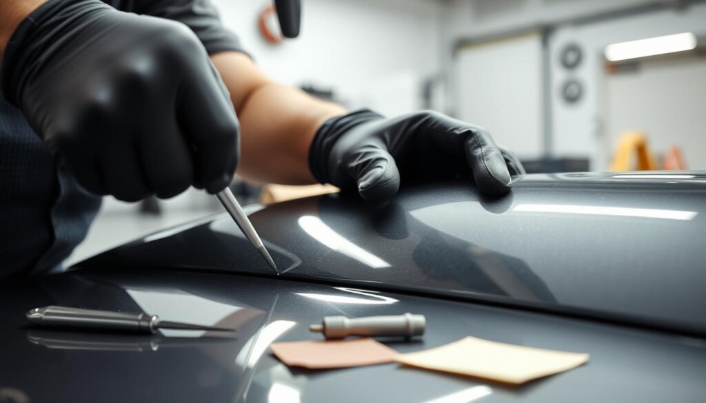 A skilled technician meticulously inspects a delicate car panel, carefully examining the minor chips and blemishes. Bright, focused lighting illuminates the surface, revealing the intricate texture and subtle imperfections. In the foreground, the technician's gloved hands gently run over the panel, assessing the damage with a practiced eye. The mid-ground showcases the specialized tools and materials required for a precision repair, including a small file, sandpaper, and a matching paint swatch. The background is a clean, organized workshop, hinting at the technician's attention to detail and expertise. The scene conveys a sense of care, focus, and the methodical process of restoring the panel to its former pristine condition.