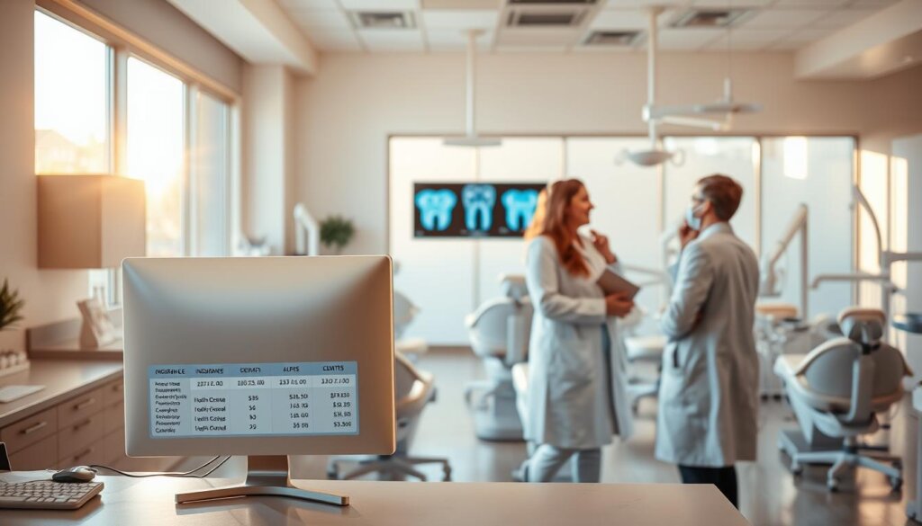 A spacious dental office interior, illuminated by warm, natural lighting filtering through large windows. In the foreground, a desk with a computer displays insurance coverage information and cost breakdowns. In the middle ground, a dentist and patient engaged in discussion, gesturing towards a panoramic X-ray screen. The background features rows of dental chairs, gleaming equipment, and calming pastel-hued decor, conveying a sense of professionalism and care. The overall atmosphere is one of reassurance and transparency, where dental costs and insurance options are clearly communicated.