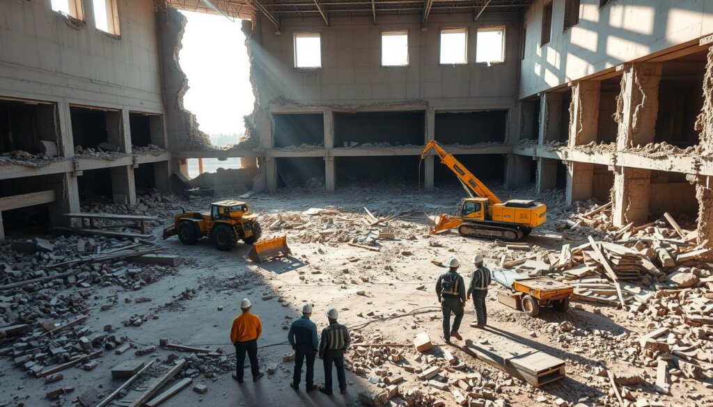 A sprawling construction site, debris scattered across a once pristine floor. Sunlight streams through gaping holes in the walls, casting dramatic shadows on the rubble-strewn landscape. In the foreground, a team of skilled technicians meticulously assesses the damage, their faces etched with determination. Powerful machinery stands ready, poised to tackle the extensive repairs. The atmosphere is one of focused intensity, as the restoration process unfolds with precision and care. Careful attention is paid to every detail, ensuring the structure regains its former glory, stronger and more resilient than before.