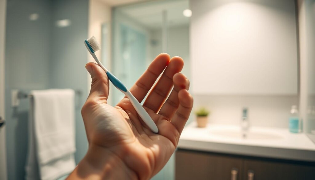 A well-lit, close-up shot of a person's hand gently holding a toothbrush and dental floss, against a blurred background of a clean, modern bathroom. The hand is poised, suggesting attentive, proactive dental care. The lighting is warm and inviting, creating a sense of calm and thoughtfulness. The composition draws the viewer's eye to the simple, everyday tools of good oral hygiene, highlighting their importance in maintaining dental health before any major treatment.