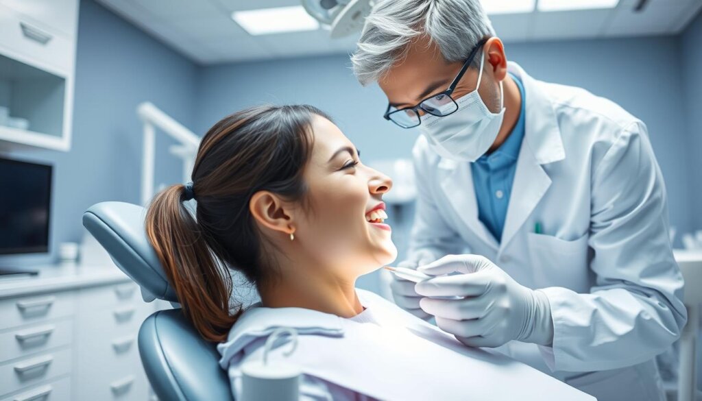 A well-lit dental office interior, with a patient sitting in the dentist's chair, their mouth open as the dentist examines their teeth. The dentist, wearing a white coat and mask, leans in with a focused expression, holding a dental tool. The background features modern medical equipment, clean surfaces, and soothing blue and white tones. The scene conveys a sense of professionalism, care, and the importance of regular dental check-ups for maintaining oral health. A well-lit dental office interior, with a patient sitting in the dentist's chair, their mouth open as the dentist examines their teeth. The dentist, wearing a white coat and mask, leans in with a focused expression, holding a dental tool. The background features modern medical equipment, clean surfaces, and soothing blue and white tones. The scene conveys a sense of professionalism, care, and the importance of regular dental check-ups for maintaining oral health.