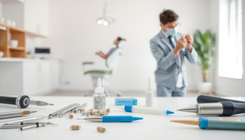 A well-lit, studio-style image showcasing the cost comparison between professional tooth repair and DIY options. In the foreground, an array of dental tools and materials, including a drill, fillings, and adhesives, laid out neatly. In the middle ground, two contrasting scenarios: a person receiving professional treatment in a dentist's chair, and another person applying a DIY fix to their own tooth. The background features a simple, clean-lined interior, highlighting the financial considerations of each approach. The lighting is soft and even, creating a sense of clarity and thoughtfulness. The overall mood is informative and analytical, conveying the nuanced decision-making process for addressing a broken tooth edge.
