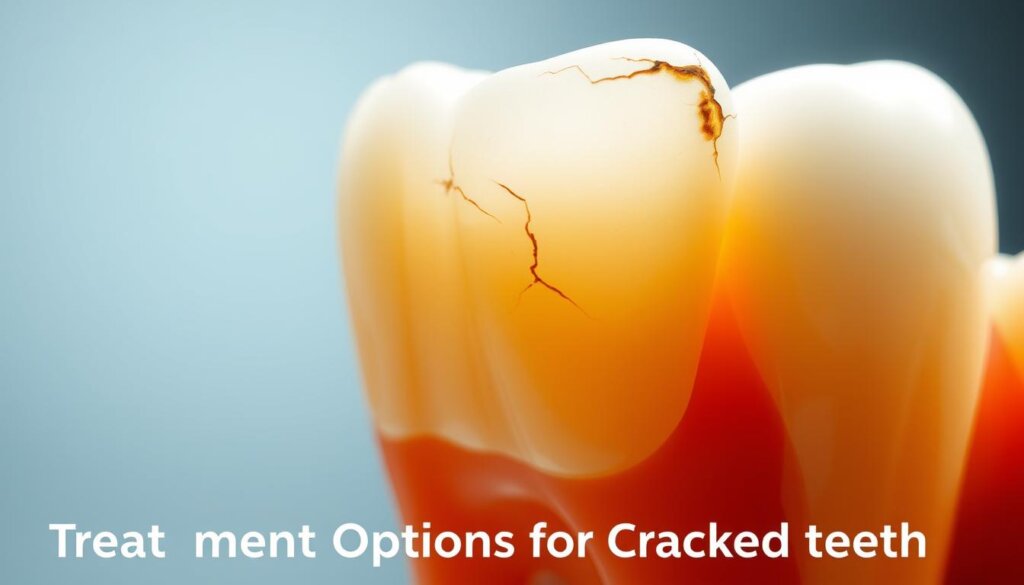 Detailed close-up view of a human tooth under bright, directional lighting, revealing a visible crack or fracture on the biting surface. Subtle cracks and damage should be clearly visible, conveying the causes of tooth pain when chewing. The tooth should be rendered with photorealistic textures, highlights, and shadows to emphasize the structural integrity issues. Set against a clean, minimalist backdrop to focus attention on the damaged tooth. Capture the clinical, diagnostic nature of the subject to complement the "Treatment Options for Cracked Teeth" section of the article. Detailed close-up view of a human tooth under bright, directional lighting, revealing a visible crack or fracture on the biting surface. Subtle cracks and damage should be clearly visible, conveying the causes of tooth pain when chewing. The tooth should be rendered with photorealistic textures, highlights, and shadows to emphasize the structural integrity issues. Set against a clean, minimalist backdrop to focus attention on the damaged tooth. Capture the clinical, diagnostic nature of the subject to complement the "Treatment Options for Cracked Teeth" section of the article.