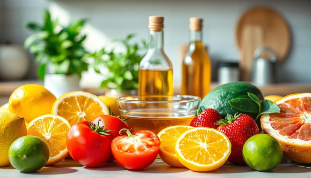 A beautifully arranged table showcasing a variety of highly acidic foods that can impact Invisalign aligners and tooth enamel. In the foreground, close-up details of citrus fruits like lemons, limes, and grapefruits, their vibrant colors glistening with moisture. Juicy tomatoes and a few strawberries are strategically placed to enhance the composition. In the middle, a delicate glass bowl filled with apple cider vinegar sits prominently, reflecting natural light. The background features a soft-focus kitchen setting with hints of green plants and neutral-toned kitchenware, creating an inviting atmosphere. The lighting is bright and airy, suggesting a fresh, healthy vibe. The overall mood should be educational yet visually appealing, emphasizing caution around these foods without any text elements. A beautifully arranged table showcasing a variety of highly acidic foods that can impact Invisalign aligners and tooth enamel. In the foreground, close-up details of citrus fruits like lemons, limes, and grapefruits, their vibrant colors glistening with moisture. Juicy tomatoes and a few strawberries are strategically placed to enhance the composition. In the middle, a delicate glass bowl filled with apple cider vinegar sits prominently, reflecting natural light. The background features a soft-focus kitchen setting with hints of green plants and neutral-toned kitchenware, creating an inviting atmosphere. The lighting is bright and airy, suggesting a fresh, healthy vibe. The overall mood should be educational yet visually appealing, emphasizing caution around these foods without any text elements.