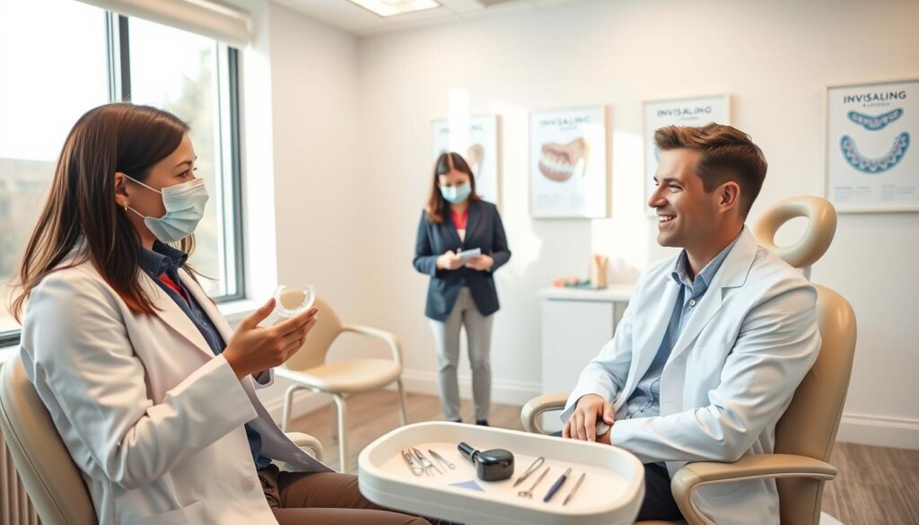 A bright and inviting orthodontic clinic interior with a modern aesthetic. In the foreground, a friendly orthodontist in a crisp white coat, wearing a face mask, explains Invisalign progress checks to a young adult patient seated in a comfortable chair, holding a clear aligner tray. The patient appears engaged and curious, dressed in smart casual attire. In the middle of the scene, a dental assistant prepares for the next appointment, organizing tools on a sterile tray. The background features a clean, light-colored wall with dental posters illustrating Invisalign benefits, and a large window allowing soft, natural light to flood the room. The atmosphere feels professional yet welcoming, promoting a sense of ease and confidence about orthodontic care. A bright and inviting orthodontic clinic interior with a modern aesthetic. In the foreground, a friendly orthodontist in a crisp white coat, wearing a face mask, explains Invisalign progress checks to a young adult patient seated in a comfortable chair, holding a clear aligner tray. The patient appears engaged and curious, dressed in smart casual attire. In the middle of the scene, a dental assistant prepares for the next appointment, organizing tools on a sterile tray. The background features a clean, light-colored wall with dental posters illustrating Invisalign benefits, and a large window allowing soft, natural light to flood the room. The atmosphere feels professional yet welcoming, promoting a sense of ease and confidence about orthodontic care.