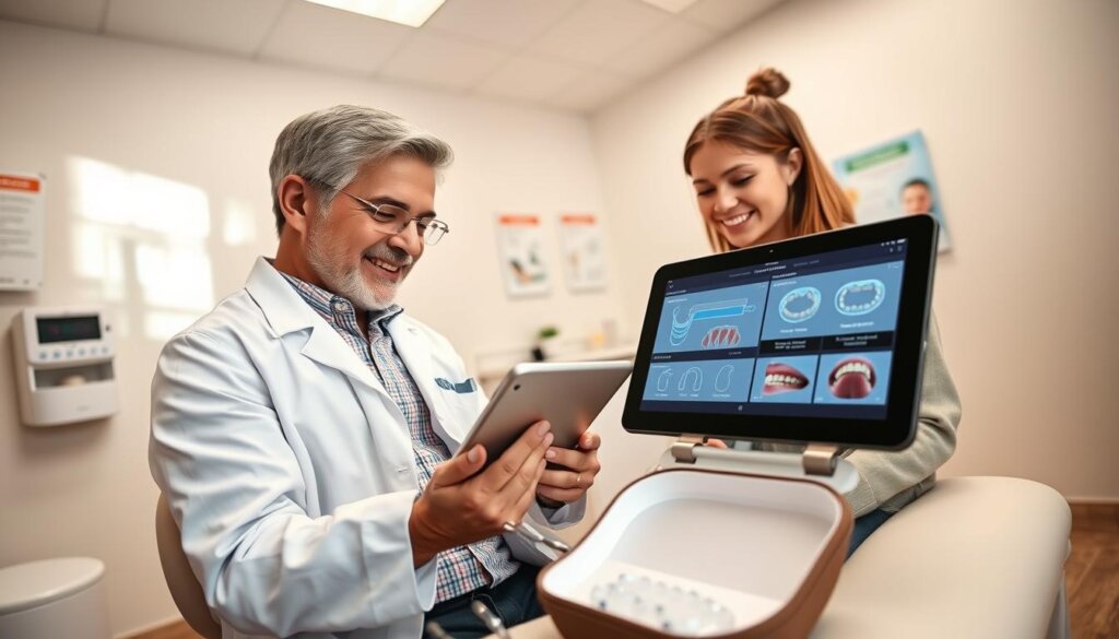 A bright and modern orthodontic clinic setting, focusing on a professional orthodontist in a white coat, adjusting a patient’s Invisalign aligners during a monitoring appointment. In the foreground, the orthodontist is using a tablet to track treatment progress, with detailed charts and images displayed. The patient, a young adult in modest casual clothing, appears engaged and attentive. The middle ground features dental tools and an open Invisalign case, while the background shows a clean, well-lit examination room with dental posters and a cheerful atmosphere. Soft, natural lighting creates an inviting mood, emphasizing professionalism and care. The angle captures both the interaction and the technology being used, showcasing the advancements in orthodontic monitoring. A bright and modern orthodontic clinic setting, focusing on a professional orthodontist in a white coat, adjusting a patient’s Invisalign aligners during a monitoring appointment. In the foreground, the orthodontist is using a tablet to track treatment progress, with detailed charts and images displayed. The patient, a young adult in modest casual clothing, appears engaged and attentive. The middle ground features dental tools and an open Invisalign case, while the background shows a clean, well-lit examination room with dental posters and a cheerful atmosphere. Soft, natural lighting creates an inviting mood, emphasizing professionalism and care. The angle captures both the interaction and the technology being used, showcasing the advancements in orthodontic monitoring.