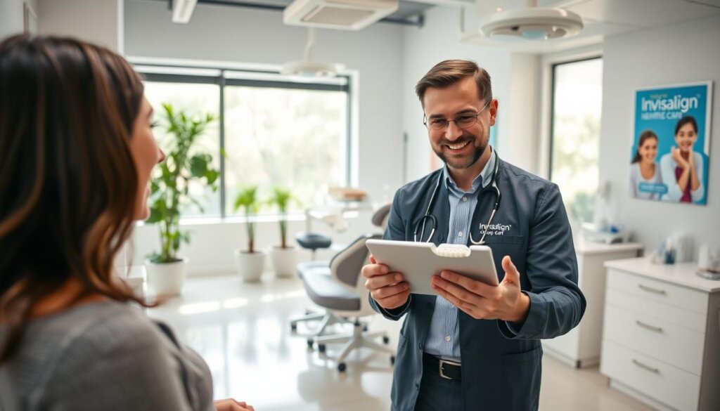 A bright and welcoming dental office setting, focused on the initial consultation for Invisalign patients. In the foreground, a friendly orthodontist in professional attire, holding a digital tablet, engages with a young adult patient who looks intrigued and attentive. The dentist demonstrates a 3D model of a clear aligner. In the middle ground, comfortable ergonomic chairs and modern dental equipment are visible. The background features large windows allowing natural light to flood the room, plants for a calming effect, and dental posters about Invisalign care. The atmosphere is warm and professional, with soft, diffused lighting to enhance the welcoming vibe, shot from a slightly elevated angle to capture both the patient and dentist in a dynamic interaction. A bright and welcoming dental office setting, focused on the initial consultation for Invisalign patients. In the foreground, a friendly orthodontist in professional attire, holding a digital tablet, engages with a young adult patient who looks intrigued and attentive. The dentist demonstrates a 3D model of a clear aligner. In the middle ground, comfortable ergonomic chairs and modern dental equipment are visible. The background features large windows allowing natural light to flood the room, plants for a calming effect, and dental posters about Invisalign care. The atmosphere is warm and professional, with soft, diffused lighting to enhance the welcoming vibe, shot from a slightly elevated angle to capture both the patient and dentist in a dynamic interaction.