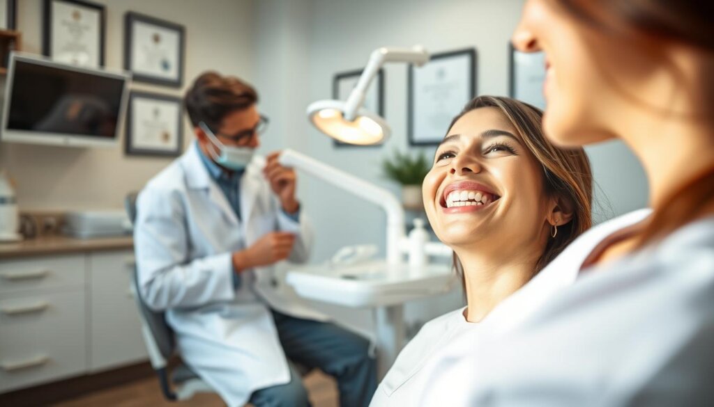 A bright and welcoming orthodontic clinic setting, featuring a dental chair in the foreground with a patient wearing a clear Invisalign aligner, showcasing compatibility with dental crowns. The patient's mouth is slightly open to display the crowns on their teeth, reflecting a professional and caring environment. In the middle ground, a dental professional in a crisp white lab coat is attentively examining the patient's teeth with a dental mirror and light. The background includes dental equipment on a countertop and certificates framed on the wall. Soft, natural lighting illuminates the scene, creating a warm and reassuring atmosphere. The focus is sharp on the dental interaction, conveying confidence and professionalism. A bright and welcoming orthodontic clinic setting, featuring a dental chair in the foreground with a patient wearing a clear Invisalign aligner, showcasing compatibility with dental crowns. The patient's mouth is slightly open to display the crowns on their teeth, reflecting a professional and caring environment. In the middle ground, a dental professional in a crisp white lab coat is attentively examining the patient's teeth with a dental mirror and light. The background includes dental equipment on a countertop and certificates framed on the wall. Soft, natural lighting illuminates the scene, creating a warm and reassuring atmosphere. The focus is sharp on the dental interaction, conveying confidence and professionalism.