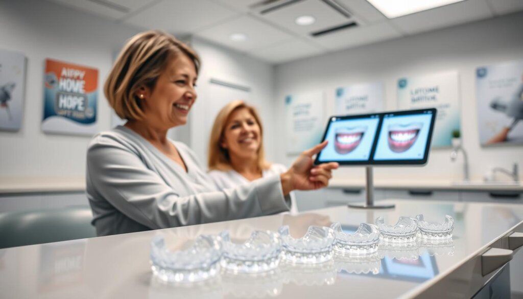A bright, modern dental clinic interior, showcasing a professional orthodontist, a middle-aged woman in modest casual clothing, examining an array of clear aligners displayed on a clean, polished countertop. In the foreground, focus on a close-up shot of the aligners in various stages of treatment, while in the middle ground, the orthodontist interacts with the patient, pointing at a digital tablet displaying realistic treatment outcome visuals. The background features soothing colors and motivational dental posters. The lighting is bright and clinical, emphasizing a sense of hope and professionalism, with soft shadows adding depth. Capture the mood of optimism and determination as they discuss the aligning expectations of the treatment process. A bright, modern dental clinic interior, showcasing a professional orthodontist, a middle-aged woman in modest casual clothing, examining an array of clear aligners displayed on a clean, polished countertop. In the foreground, focus on a close-up shot of the aligners in various stages of treatment, while in the middle ground, the orthodontist interacts with the patient, pointing at a digital tablet displaying realistic treatment outcome visuals. The background features soothing colors and motivational dental posters. The lighting is bright and clinical, emphasizing a sense of hope and professionalism, with soft shadows adding depth. Capture the mood of optimism and determination as they discuss the aligning expectations of the treatment process.