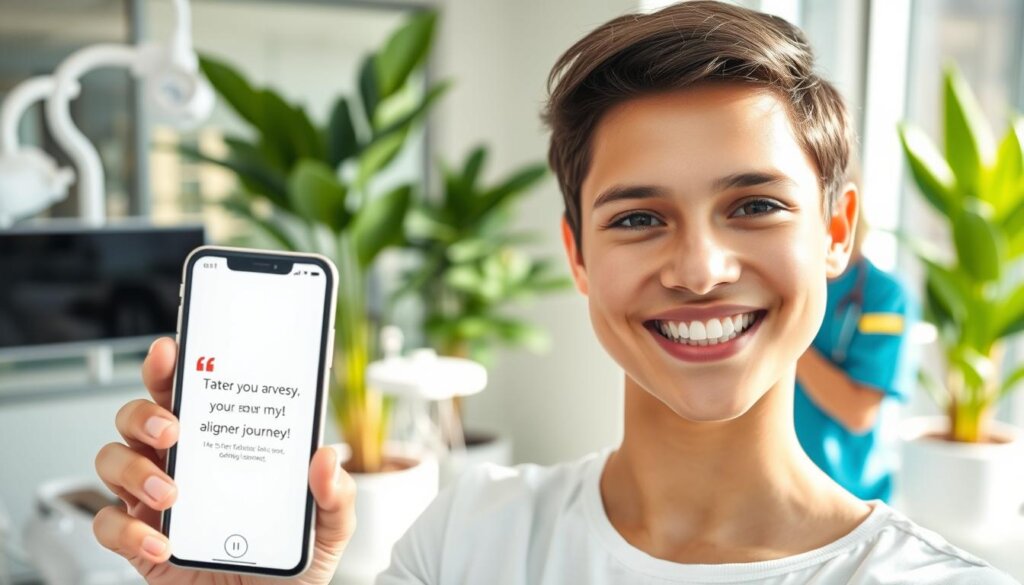 A bright, modern dental office featuring a smiling young adult wearing clear aligners, showcasing a confident and satisfied expression. In the foreground, the patient is holding a smartphone displaying a positive testimonial about their aligner journey. In the middle, soft, natural light filters in through large windows, illuminating the dental office's sleek design, with dental tools and a friendly dental assistant in the background, dressed in professional attire, providing support. The atmosphere is professional yet warm, with lush green plants enhancing the calming environment. The image should be captured with a wide-angle lens to include both the patient and the inviting surroundings, conveying a sense of success and positivity in orthodontic treatment. A bright, modern dental office featuring a smiling young adult wearing clear aligners, showcasing a confident and satisfied expression. In the foreground, the patient is holding a smartphone displaying a positive testimonial about their aligner journey. In the middle, soft, natural light filters in through large windows, illuminating the dental office's sleek design, with dental tools and a friendly dental assistant in the background, dressed in professional attire, providing support. The atmosphere is professional yet warm, with lush green plants enhancing the calming environment. The image should be captured with a wide-angle lens to include both the patient and the inviting surroundings, conveying a sense of success and positivity in orthodontic treatment.