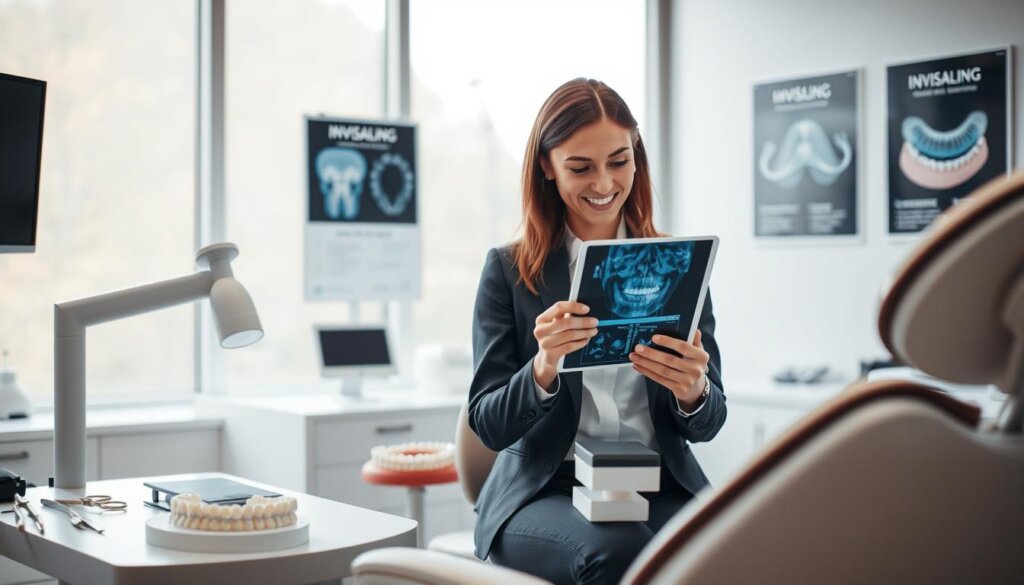 A bright, modern orthodontic office setting, with a female orthodontist in professional business attire, examining dental x-rays on a digital tablet. In the foreground, showcase an orthodontic chair with a dental model displaying braces and aligners. The middle section features a well-organized desk with orthodontic tools like calipers and molds. Background includes large windows with natural light streaming in, providing a warm and inviting atmosphere. Soft focus on wall-mounted educational posters about Invisalign and braces. The entire scene should exude professionalism and reassurance, embodying the consultation and assessment atmosphere in orthodontics. Soft, diffused lighting enhances comfort, creating a thoughtful and informative mood for patients seeking retreatment options. A bright, modern orthodontic office setting, with a female orthodontist in professional business attire, examining dental x-rays on a digital tablet. In the foreground, showcase an orthodontic chair with a dental model displaying braces and aligners. The middle section features a well-organized desk with orthodontic tools like calipers and molds. Background includes large windows with natural light streaming in, providing a warm and inviting atmosphere. Soft focus on wall-mounted educational posters about Invisalign and braces. The entire scene should exude professionalism and reassurance, embodying the consultation and assessment atmosphere in orthodontics. Soft, diffused lighting enhances comfort, creating a thoughtful and informative mood for patients seeking retreatment options.