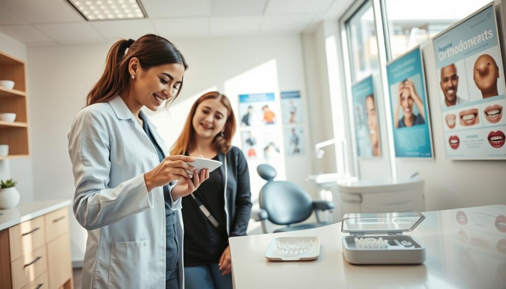 A bright, modern orthodontist's office featuring a gentle, welcoming atmosphere. In the foreground, a female orthodontist in professional attire examines a set of clear aligners on a countertop, intently discussing treatment options with a patient. The patient, dressed in modest casual clothing, appears engaged and curious. In the middle ground, a dental chair with orthodontic tools is visible, emphasizing the clinical aspect of the consultation. The background showcases colorful posters about orthodontic treatments, creating an informative environment. Soft, natural lighting streams in through large windows, enhancing the friendly and professional mood. The angle captures both the orthodontist and the patient, highlighting the importance of communication in treatment monitoring. A bright, modern orthodontist's office featuring a gentle, welcoming atmosphere. In the foreground, a female orthodontist in professional attire examines a set of clear aligners on a countertop, intently discussing treatment options with a patient. The patient, dressed in modest casual clothing, appears engaged and curious. In the middle ground, a dental chair with orthodontic tools is visible, emphasizing the clinical aspect of the consultation. The background showcases colorful posters about orthodontic treatments, creating an informative environment. Soft, natural lighting streams in through large windows, enhancing the friendly and professional mood. The angle captures both the orthodontist and the patient, highlighting the importance of communication in treatment monitoring.