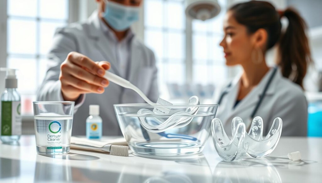 A bright, well-lit dental hygiene setting featuring clear aligners displayed prominently in the foreground, being cleaned with a soft brush and a cup of denture cleaner. In the middle, a sleek glass container holds freshly rinsed aligners, surrounded by tools like a soft cloth, mouthwash, and a water pick. The background reveals a clean, modern dentist office with a large window allowing natural light to flood in, enhancing the freshness of the atmosphere. A dentist in professional attire, focused on demonstrating the cleaning method, can be seen beside the products. The overall mood is educational and hygienic, emphasizing best practices for aligner care, with a focus on cleanliness and attention to detail. The image should be sharp and brightly colored to convey a sense of health and wellness. A bright, well-lit dental hygiene setting featuring clear aligners displayed prominently in the foreground, being cleaned with a soft brush and a cup of denture cleaner. In the middle, a sleek glass container holds freshly rinsed aligners, surrounded by tools like a soft cloth, mouthwash, and a water pick. The background reveals a clean, modern dentist office with a large window allowing natural light to flood in, enhancing the freshness of the atmosphere. A dentist in professional attire, focused on demonstrating the cleaning method, can be seen beside the products. The overall mood is educational and hygienic, emphasizing best practices for aligner care, with a focus on cleanliness and attention to detail. The image should be sharp and brightly colored to convey a sense of health and wellness.