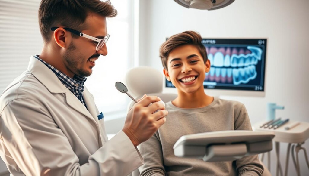 A bright, well-lit dental office setting serves as the backdrop, featuring a state-of-the-art orthodontic chair equipped with various dental tools neatly organized on a nearby tray. In the foreground, a focused orthodontist, dressed in a professional lab coat and safety glasses, examines a patient’s teeth closely, holding a diagnostic mirror and a light source. The patient, a young adult in modest, casual clothing, appears relaxed, showcasing dental restorations like crowns and veneers. On a display monitor behind them, a detailed digital tooth scan highlights the assessment. Soft, natural light filters through the window, casting a warm glow, while the atmosphere conveys professionalism and comfort, emphasizing the importance of a thorough dental evaluation in relation to orthodontic treatments. A bright, well-lit dental office setting serves as the backdrop, featuring a state-of-the-art orthodontic chair equipped with various dental tools neatly organized on a nearby tray. In the foreground, a focused orthodontist, dressed in a professional lab coat and safety glasses, examines a patient’s teeth closely, holding a diagnostic mirror and a light source. The patient, a young adult in modest, casual clothing, appears relaxed, showcasing dental restorations like crowns and veneers. On a display monitor behind them, a detailed digital tooth scan highlights the assessment. Soft, natural light filters through the window, casting a warm glow, while the atmosphere conveys professionalism and comfort, emphasizing the importance of a thorough dental evaluation in relation to orthodontic treatments.