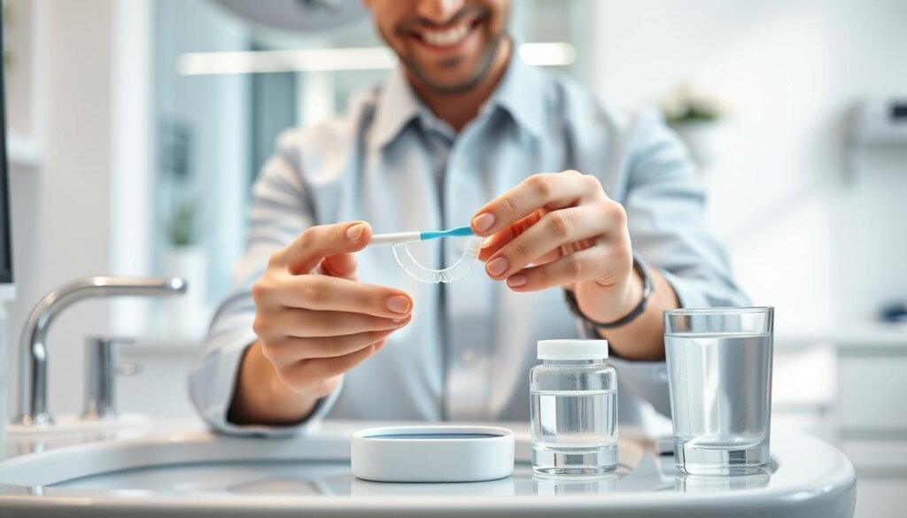 A clean and bright dental office setting serves as the backdrop, featuring a large, modern sink with orthodontic cleaning supplies neatly arranged. In the foreground, a dentist in professional attire demonstrates the correct technique for cleaning clear orthodontic aligners. The dentist holds an aligner in one hand while using a soft toothbrush with gentle motions in the other. A soft ambient light bathes the scene, highlighting the clarity of the aligner and the attention to detail in the cleaning process. The middle ground includes a visually appealing display of dental hygiene products: mild soap, a small container for storage, and a glass of water. The atmosphere conveys professionalism and cleanliness, inviting viewers to learn about effective aligner maintenance cleaning techniques. A clean and bright dental office setting serves as the backdrop, featuring a large, modern sink with orthodontic cleaning supplies neatly arranged. In the foreground, a dentist in professional attire demonstrates the correct technique for cleaning clear orthodontic aligners. The dentist holds an aligner in one hand while using a soft toothbrush with gentle motions in the other. A soft ambient light bathes the scene, highlighting the clarity of the aligner and the attention to detail in the cleaning process. The middle ground includes a visually appealing display of dental hygiene products: mild soap, a small container for storage, and a glass of water. The atmosphere conveys professionalism and cleanliness, inviting viewers to learn about effective aligner maintenance cleaning techniques.