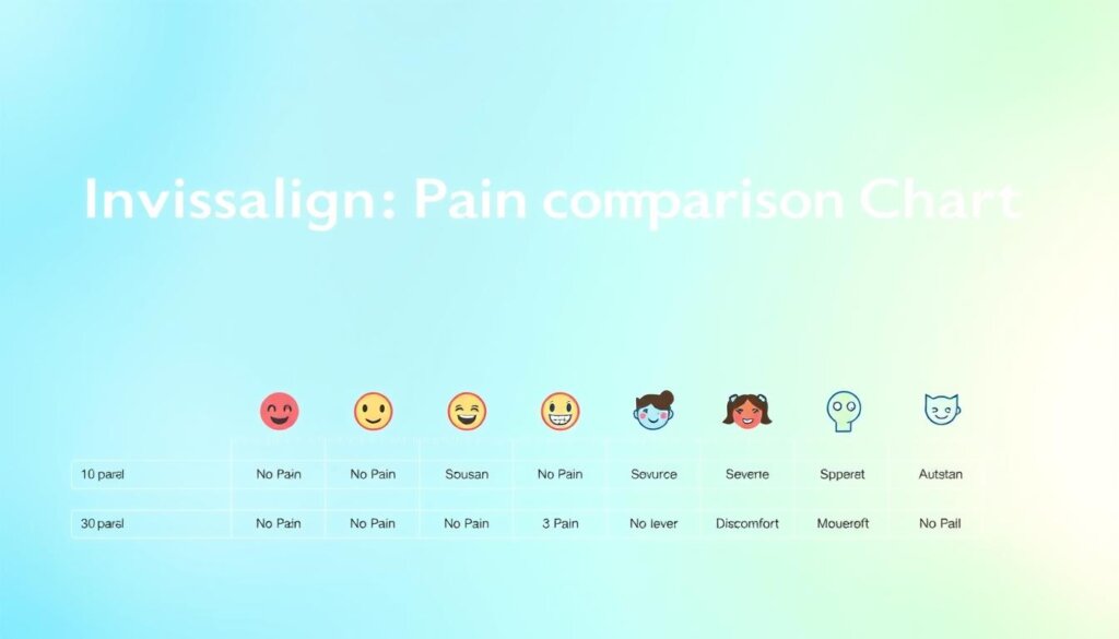 A clean and modern infographic representing an "Invisalign Pain Level Comparison Chart." In the foreground, feature a clear and visually appealing chart with labeled pain levels ranging from "No Pain" to "Severe Discomfort." The middle section should showcase colorful and distinct icons or illustrations representing various user experiences, like a smiling face for "No Pain" and a frowning face for "Severe Discomfort." In the background, use a soft gradient that transitions from a light blue at the top to a pale green at the bottom, conveying a soothing atmosphere. The lighting should be bright and even, creating a professional look as if it’s designed for a health article. Keep the overall mood informative yet approachable, targeting readers interested in dental health. A clean and modern infographic representing an "Invisalign Pain Level Comparison Chart." In the foreground, feature a clear and visually appealing chart with labeled pain levels ranging from "No Pain" to "Severe Discomfort." The middle section should showcase colorful and distinct icons or illustrations representing various user experiences, like a smiling face for "No Pain" and a frowning face for "Severe Discomfort." In the background, use a soft gradient that transitions from a light blue at the top to a pale green at the bottom, conveying a soothing atmosphere. The lighting should be bright and even, creating a professional look as if it’s designed for a health article. Keep the overall mood informative yet approachable, targeting readers interested in dental health.